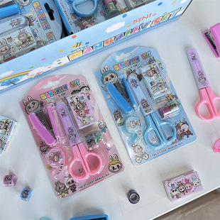 New Labubu 026 Stationery Set Kidsren's Safety Scissors Stapler Primary School Students Practical Handbook DIY Combination