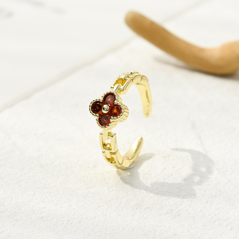 Fashion Four Leaf Clover Copper Open Ring Zircon Copper Rings