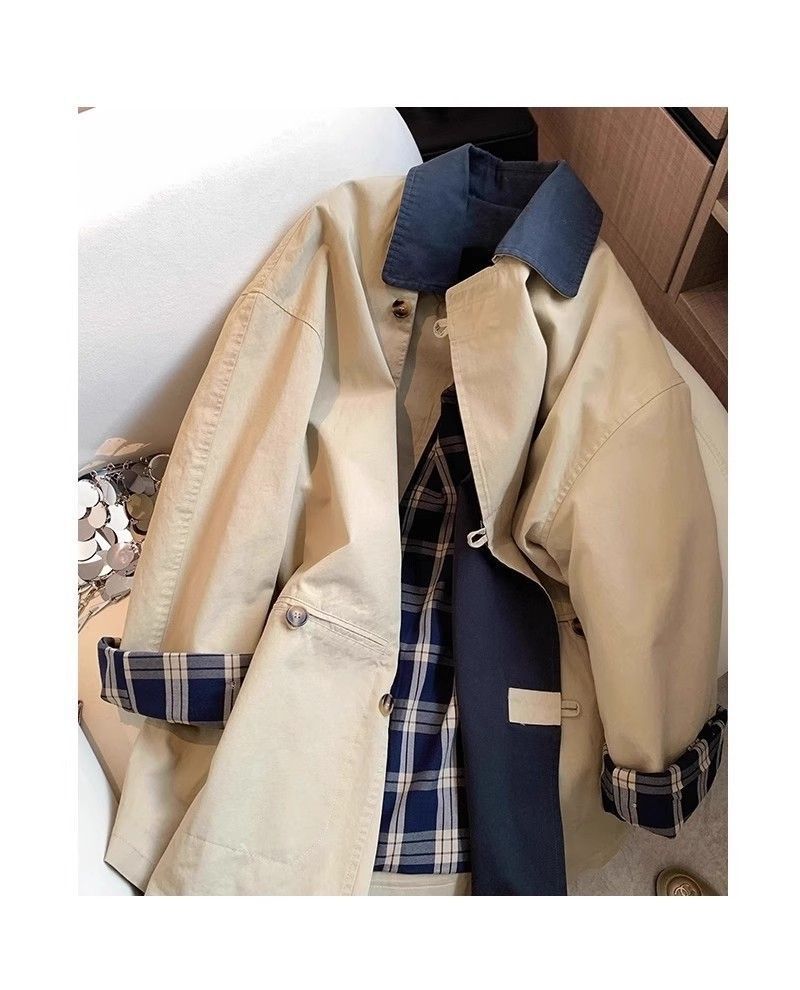 Classic Women's Plaid Trench Coat With Turn-down Collar Versatile_voghion.com
