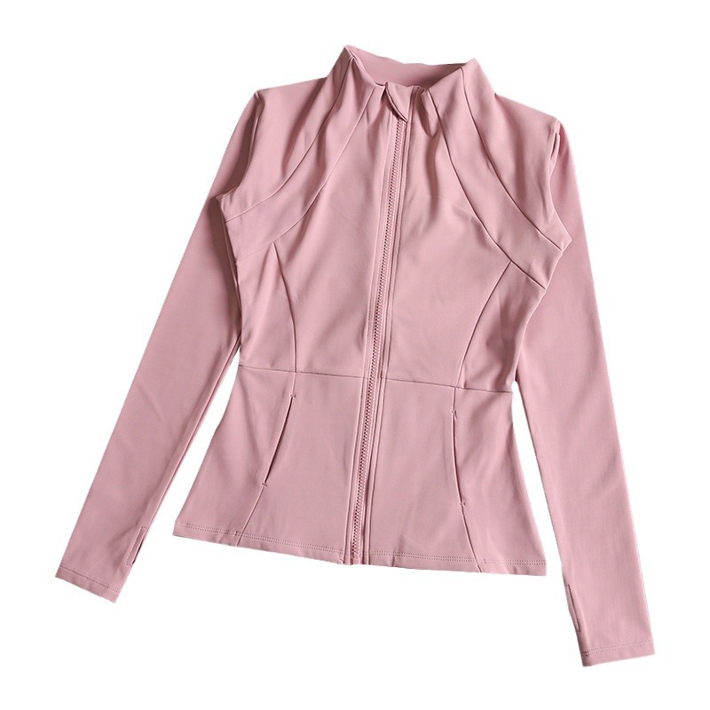 Slim fit sportvest voor dames, lente/herfst, lange mouwen, ritssluiting, opstaande kraag, ademend, geschikt voor fitness, hardlopen en bescherming tegen de zon._voghion.com