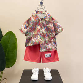 男童花衬衫夏季套装宝宝短袖衬衣2025新款夏装儿童痞帅短裤两件套