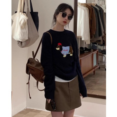 慵懒风韩系蓝色圆领套头毛衣外套女秋冬小个子宽松短款针织衫上衣