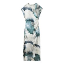 2024年春新款复古风扎染丝缎质感包臀收腰修身显瘦时尚连衣裙花色