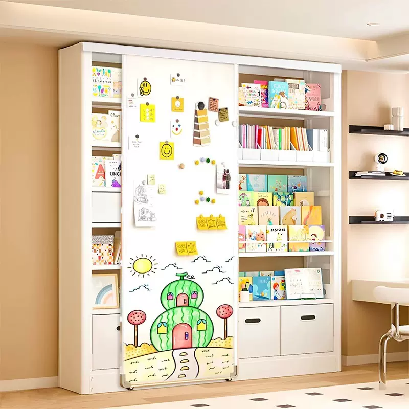 家用钢制书架带白板门图书馆多层组合书柜置物架儿童绘本架储物架