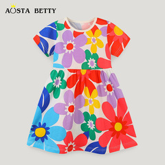 European and American Fashion Girls' Summer New Arrival Knitted Cotton Cartoon Print Princess Dress Hooded Round Neck Children's Skirt