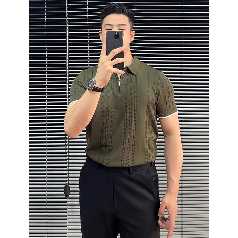 Polo camiseta de punto camiseta de manga corta hombre solapa medio cremallera hueso de pez hueco camiseta de hielo de verano fábrica transfronteriza al por mayor