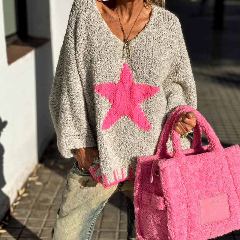 2025 New Autum Cross-Border Export Star Pattern Women's Knitwear Casual Loose Loop Yarn V Neck Knitwear