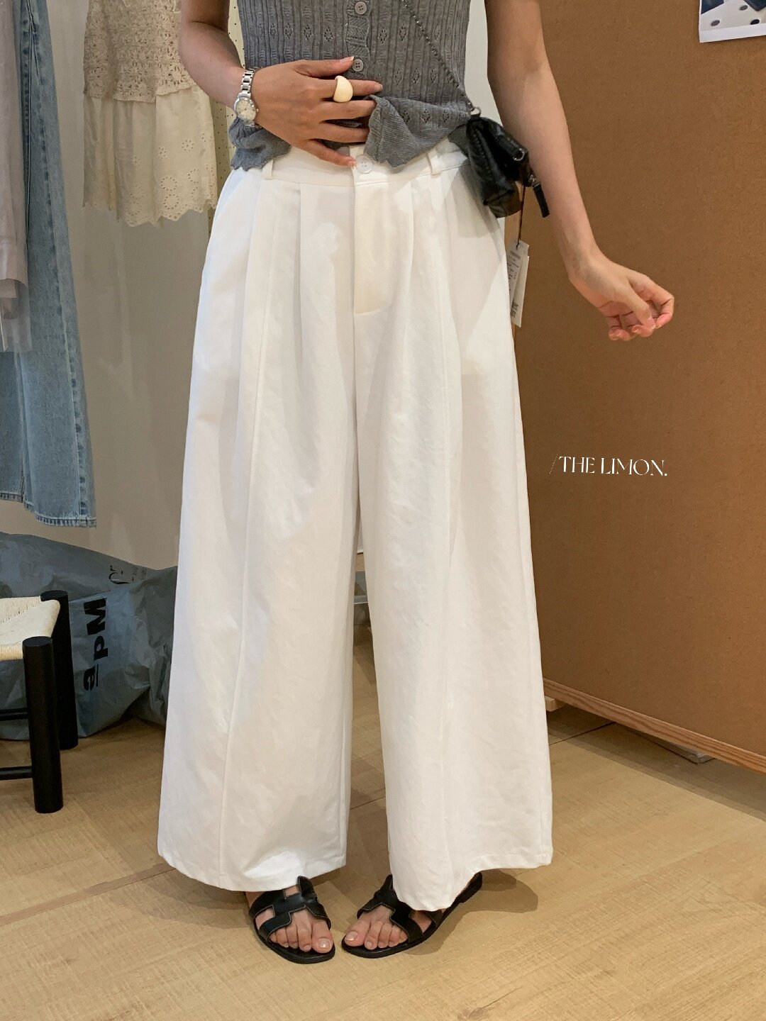 Quần culottes nữ ống rộng cạp cao dáng suông phong cách tối giản — màu đen, Xám cacbon, Xám bạc, màu trắng chi tiết 6