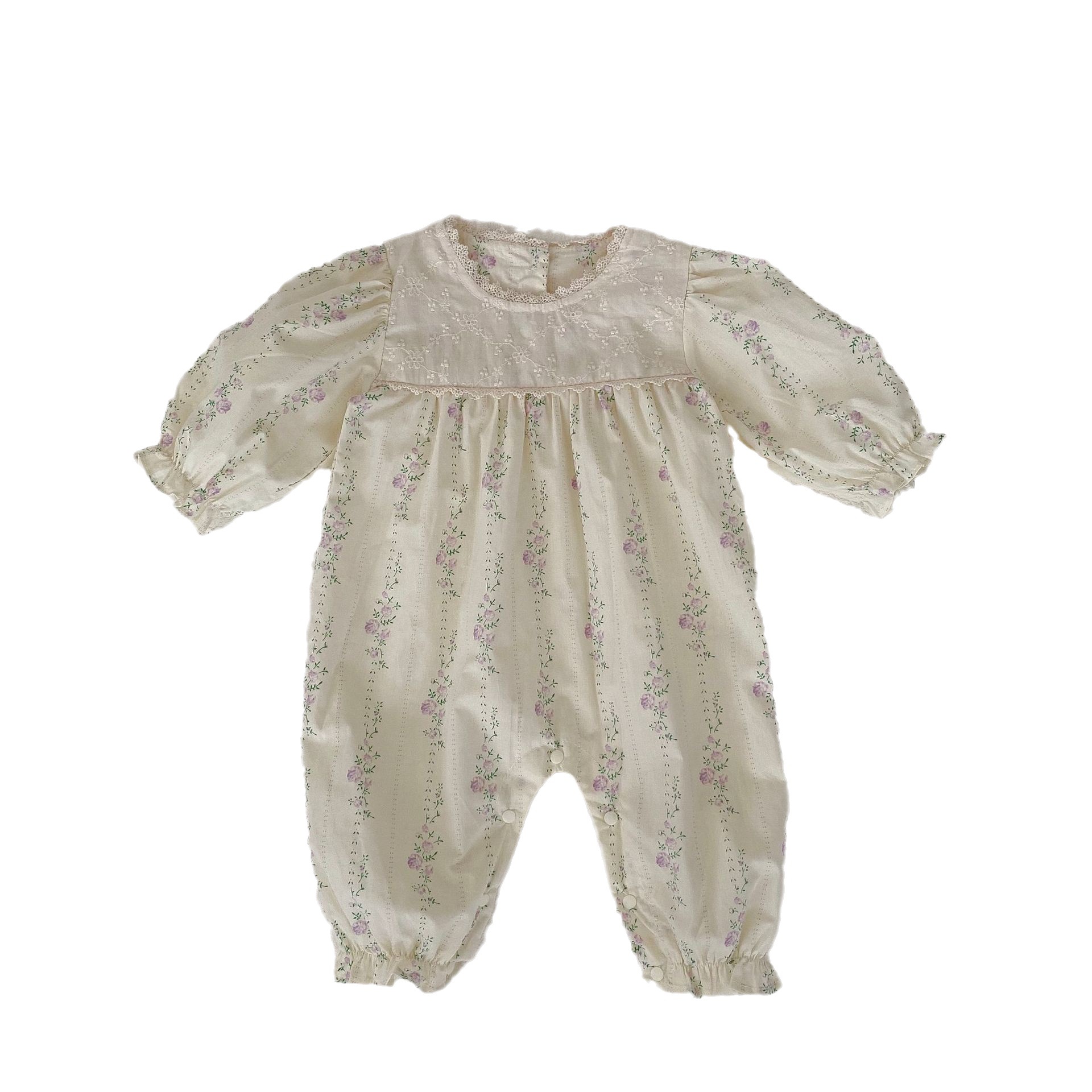 2024 primavera y otoño bebé de una pieza estilo pastoral pequeño mameluco floral de manga larga abrigo de culo femenino bebé de un año traje de escalada