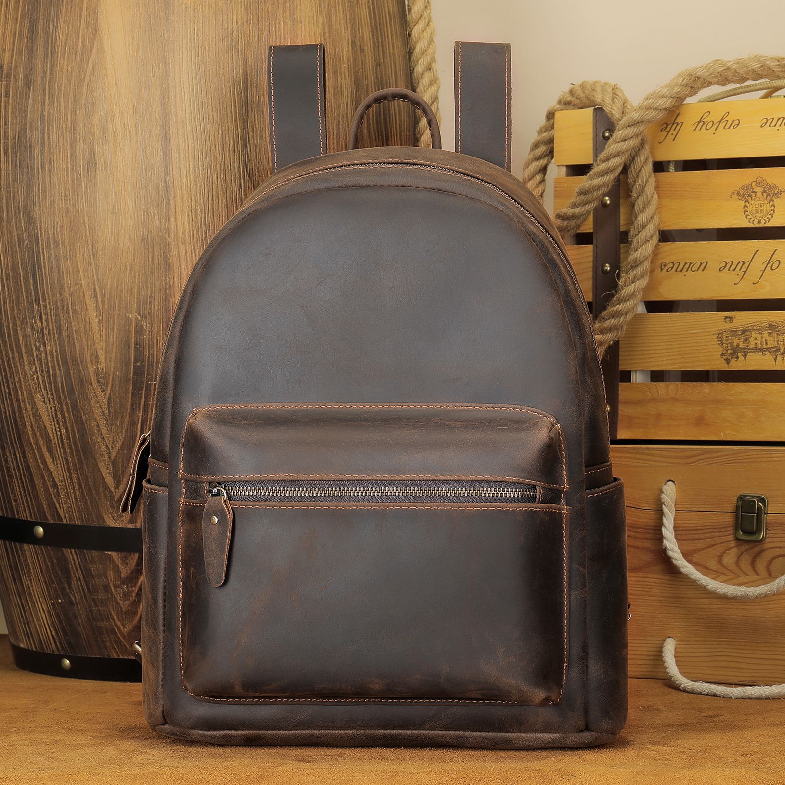 Crazy Horse Leather Men's Backpack Large Capacity Business Travel Bag Stylish Retro Cowhide Handbag_voghion.com
