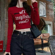 辣妹爵士舞红色长袖t恤女秋冬季德绒打底衫紧身内搭绝美短款上衣