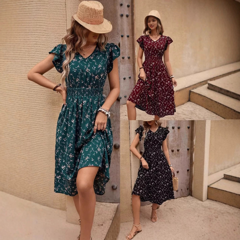 European and American Summer Bohemian Style Floral Print Waist-Cinching Short-Sleeved Holiday Style Dress for Women European and American Summer Bohemian Style Floral Print Waist-Cinching Short-Sleeved Holiday Style Dress for Women