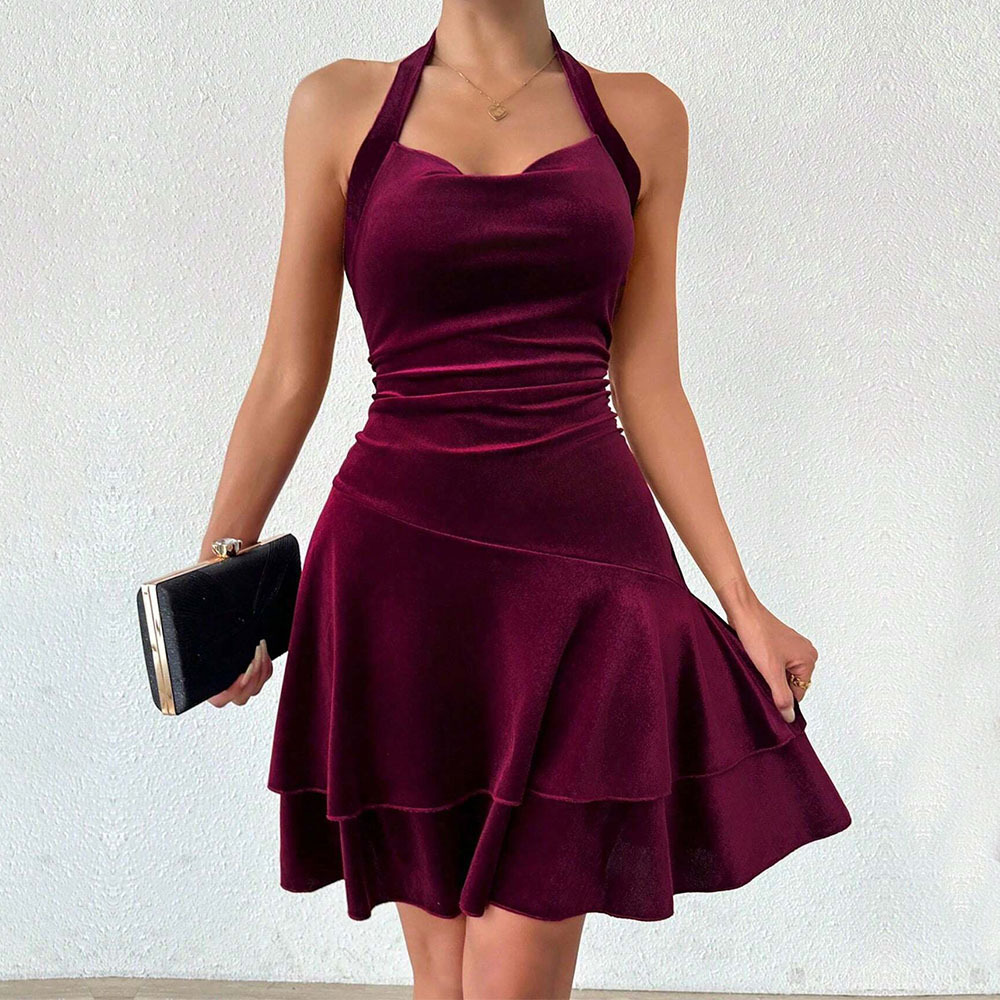 Velvet Halter Mini Dress Sexy Elegant Party Wear Autumn Winter Collection Wholesale Available
