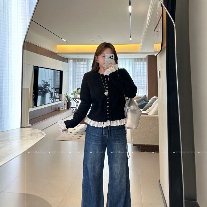 New Black Fake Two-Piece Lace Knitted Cardigan Women's Long-Sleeved Waist-Cinching Jacket