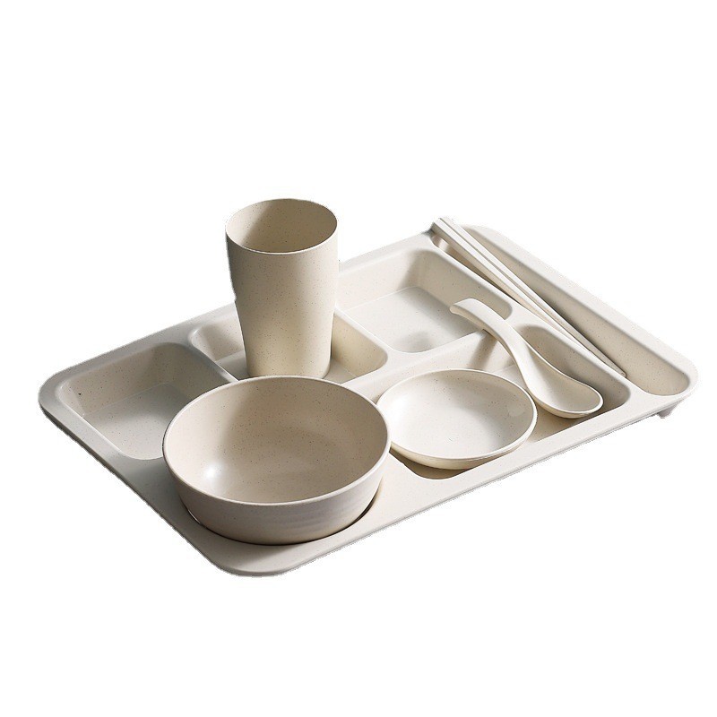 Plato de paja de trigo para adultos conjunto de seis piezas separado plato grande Arroz Tazón Cuchara Taza placa traje cantina estudiante engrosamiento image 9