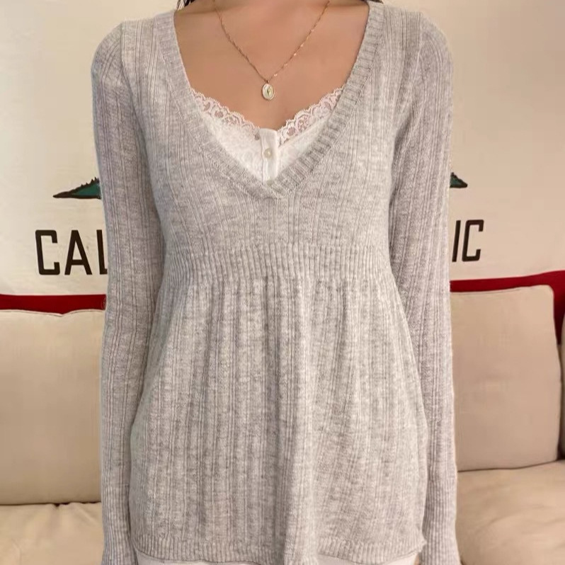 Bm Style Zhao Lusi and Xu Yan's Same Style Japanese Style V Neck Knitwear Women's Gray Bm Long-Sleeved Loose Knitwear Pullover Bm Style Zhao Lusi and Xu Yan's Same Style Japanese Style V Neck Knitwear Women's Gray Bm Long-Sleeved Loose Knitwear Pullover