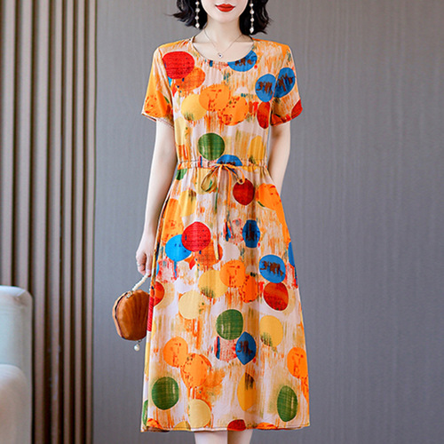2025 New Style Elegant Cotton-Silk Dress for Women, Summer Fashion, High-Waisted, Slimming, Medium Length, Artificial Cotton Printed Skirt