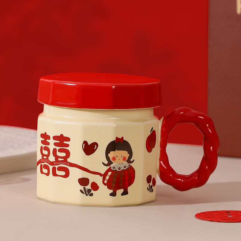 Tazas de cerámica, copas de mano, copas de mujer con tapa, copas de regalo de boda, copas de pareja, copas de agua festivas