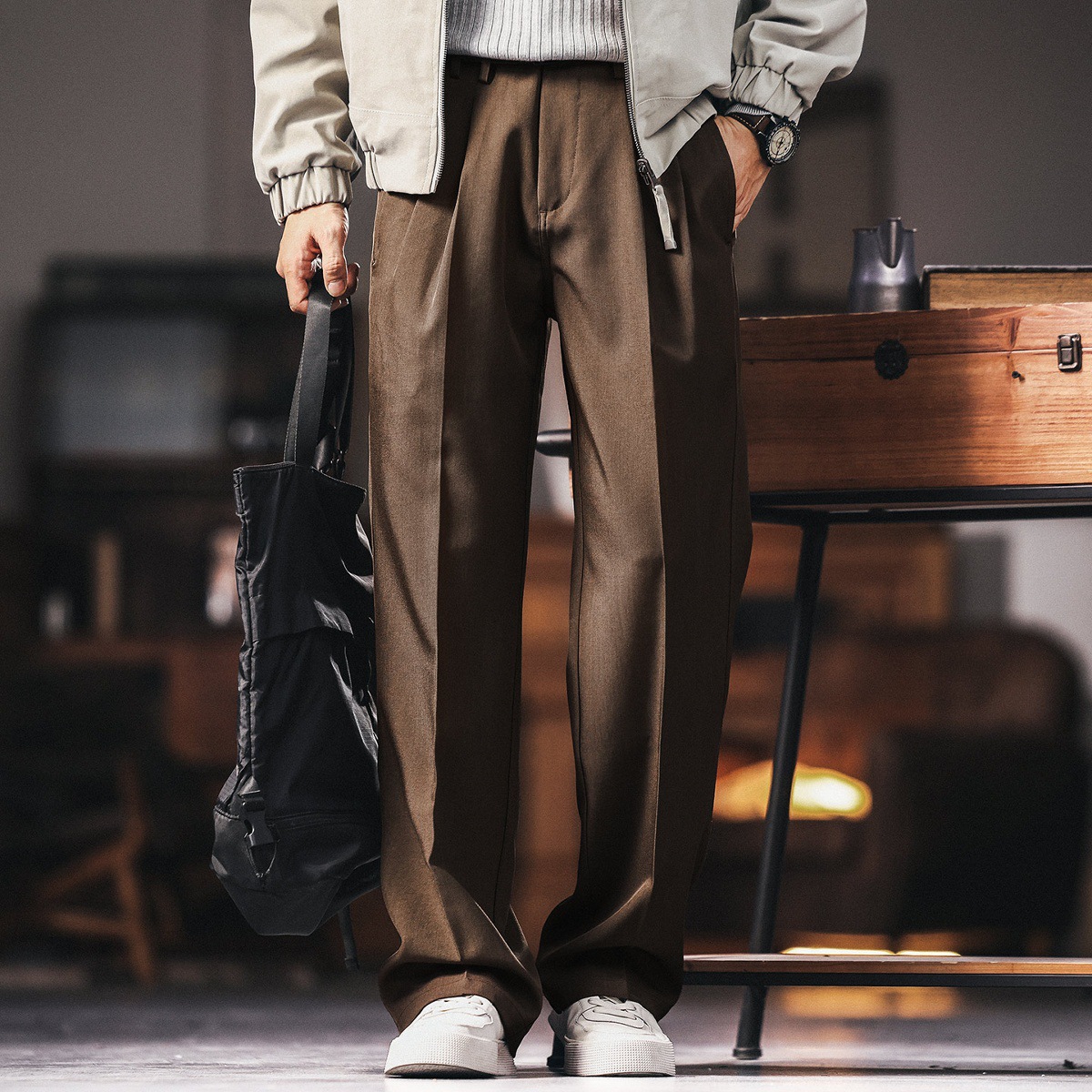 Hot high-end colgante sensación anti-arrugas pantalones rectos para hombres sueltos 2025 otoño pantalones largos casuales de piernas anchas