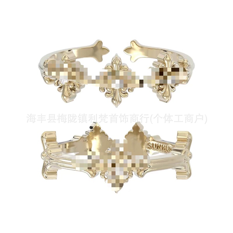 Cross-Shaped Iris Flower Butterfly Multi-Layer Full-Circle Ring in Coffee Gold Series, Same Style as Hengzi'S, Vintage Light Luxury