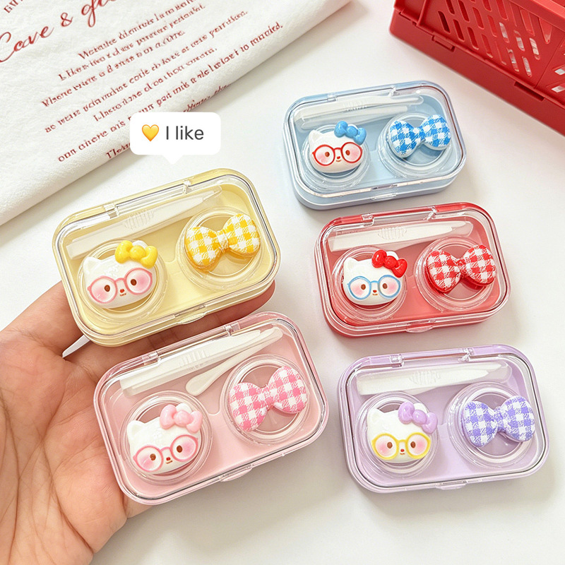 Color Contact Lens Case, Cat Pattern, Bowknot, Cartoon Double Case, Cute and Compact Plastic Contact Lens Case