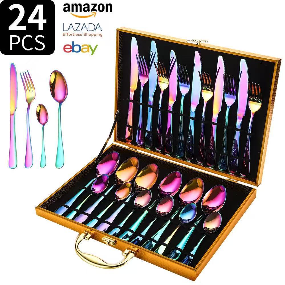 Vajilla de comida occidental de acero inoxidable transfronterizo 1010 juego de 24 piezas de cuatro piezas principales caja de regalo regalo cuchillo, tenedor, cuchara, juego de vajilla de estilo occidental