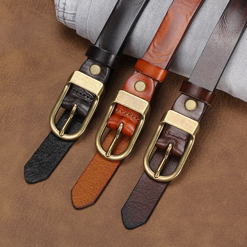 2.5cm Wide Vintage Distressed Decorative Belt Unisex Genuine Cowhide Leather Fashion Versatile Belt - Thumbnail 2