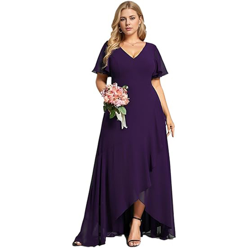 Women's European and American Cross-border V-neck High and Low Chiffon Plus Size Curved Semi-formal Wedding Guest Bridesmaid Dress with Sleeves Women's European and American Cross-border V-neck High and Low Chiffon Plus Size Curved Semi-formal Wedding Guest Bridesmaid Dress with Sleeves
