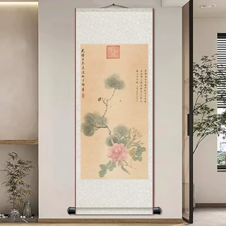 乾隆仙芝图梅竹春音图国画新中式花鸟图丝绸卷轴挂画玄关书房