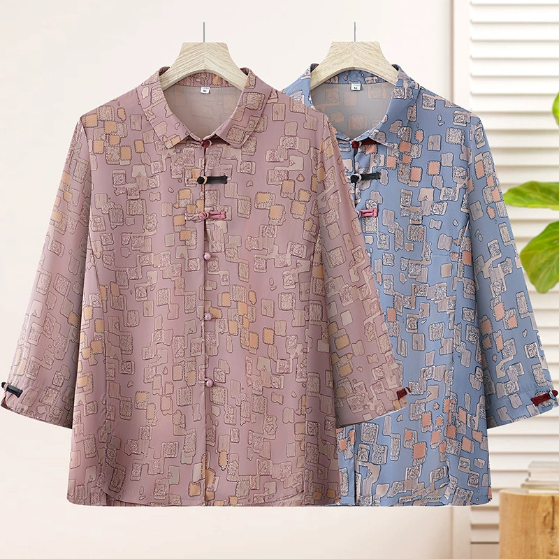 Летняя мама с лацканом и тонким ледяным шелком рубашка летняя средняя и пожилая женщина шифоновая рубашка бабушка топ пожилая одежда