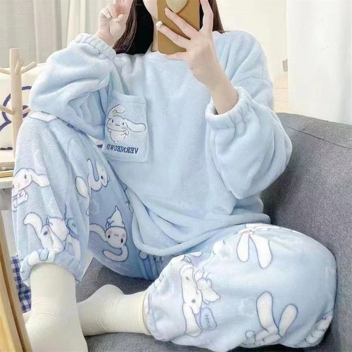 Women's Flannel Pajama Set Direct Factory Sale Autumn/Winter Warm Sweet Coral Fleece Cross-border Homecoming Wear