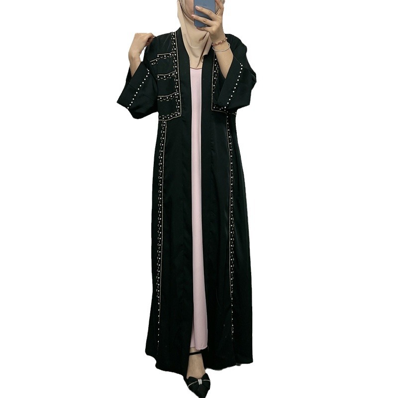 F332 Cross-Border Foreign Trade Women's Long Dress Middle East Dubai Embroidered Lace Pearl Beaded Cardigan Robe In_ecoleips.com