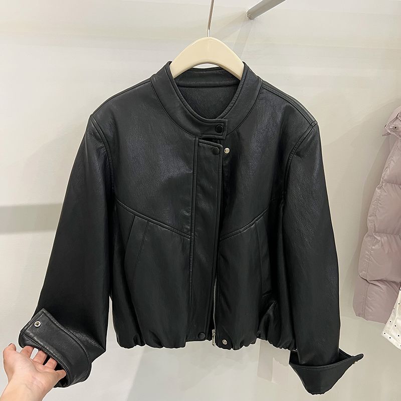 Stand Collar Short Style Leather Jacket for Women Spring New Loose Zipper Jacket Goose Yellow Top