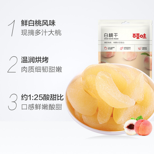 Baicao Flavor Dried White Peach 100g Box Size 70 Snacks Candied Peach Meat Wholesale