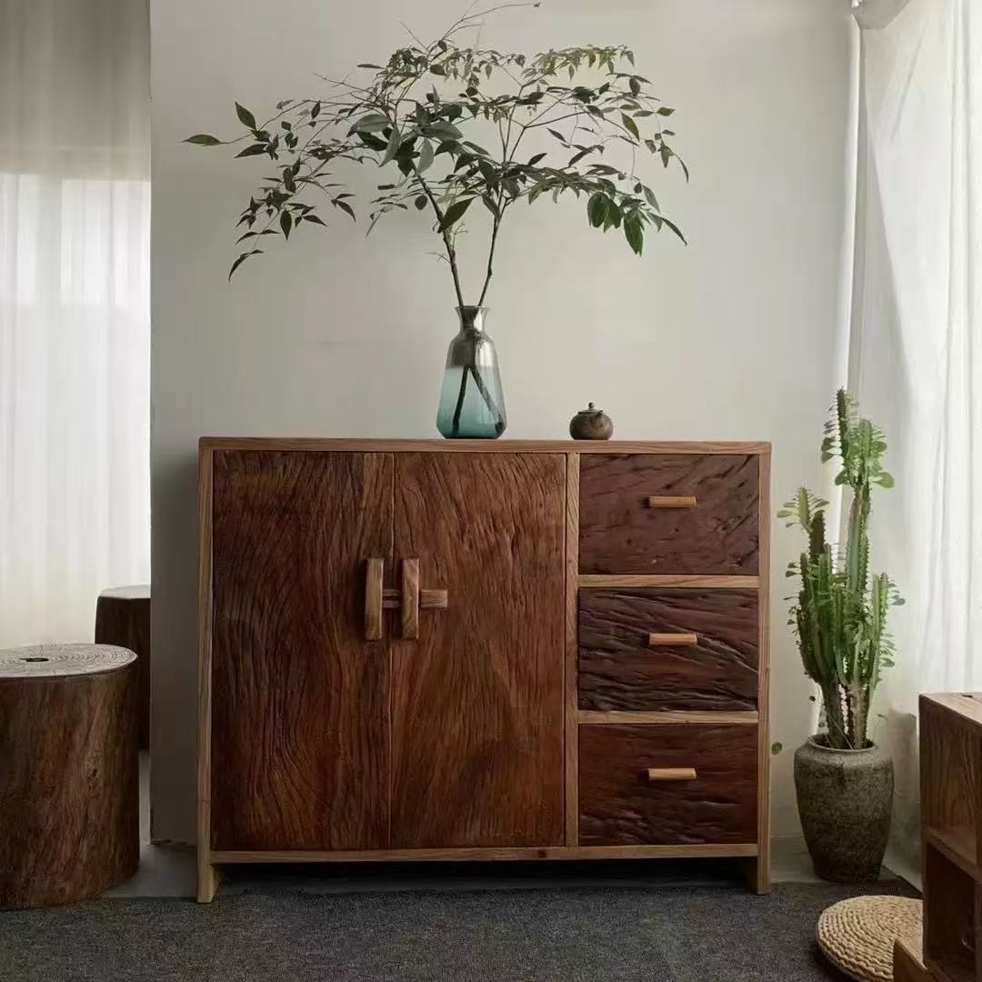 Old Elm Sideboard Storage Cabinet Solid Wood Retro Furniture Double Door Cupboard Multi-Functional Log Storage Storage