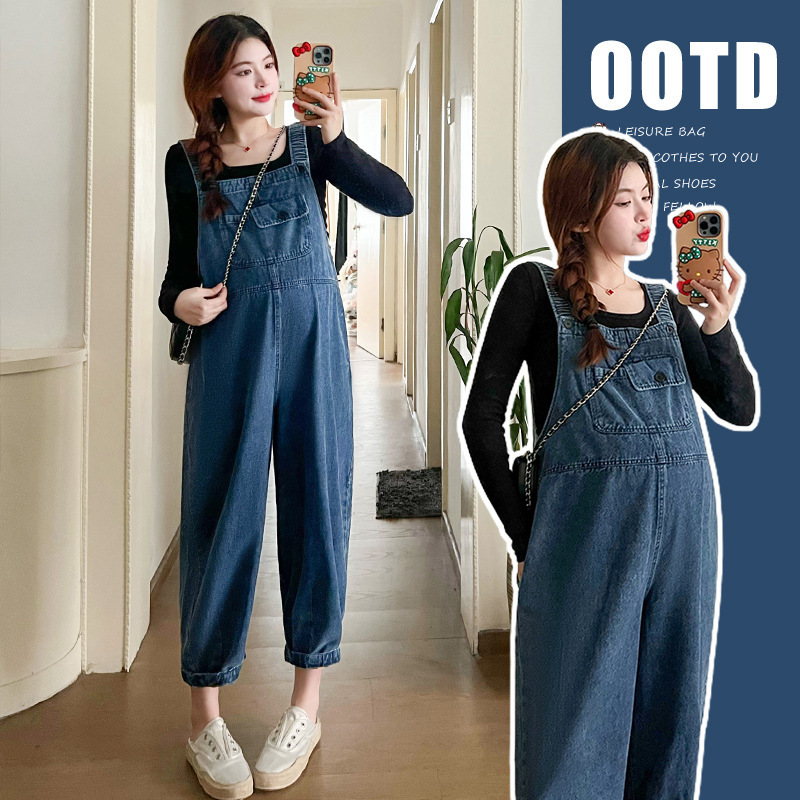 Maternity Denim Overalls 2025 Spring & Fall New Korean Style Retro Loose Nine-Point Pants Small Fashionable Maternity Wear