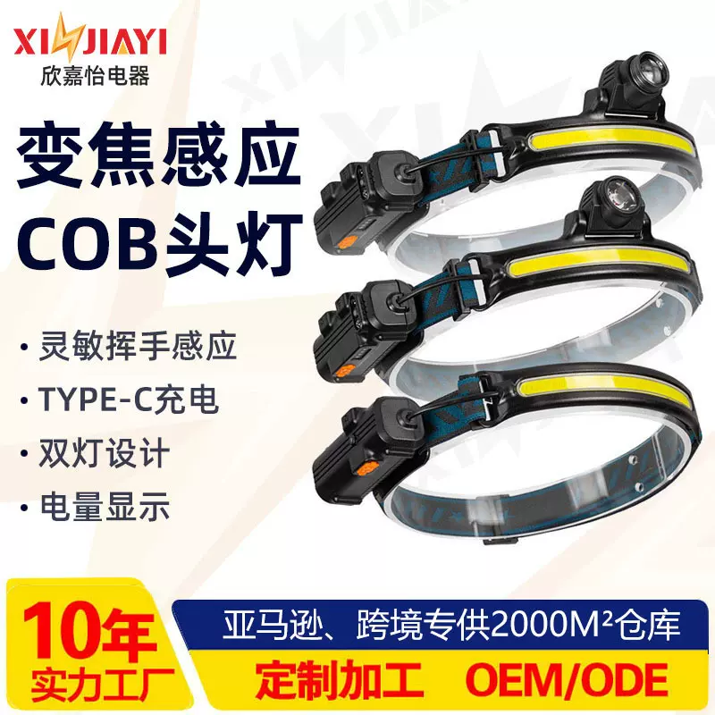 跨境2025新款led感应头灯野外强光电筒户外钓鱼照明灯cob充电矿灯