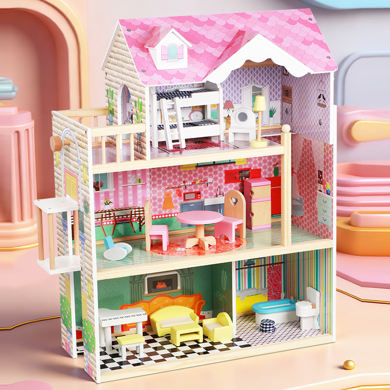 Casa de madera de tres pisos muñeca casa de madera simulación de escena villa mini dormitorio sala de estar muebles juegos de juguetes