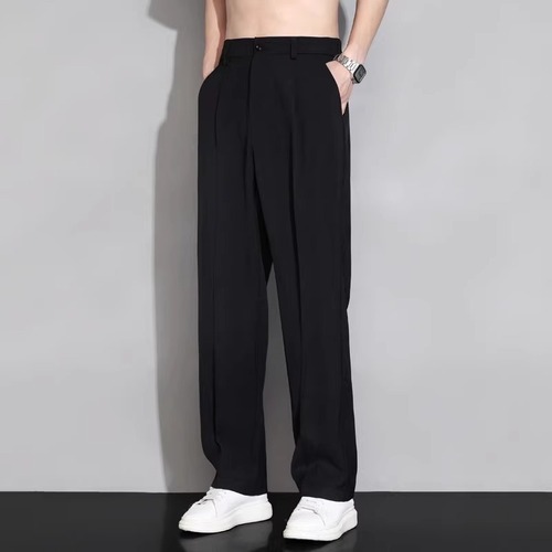 Plus-size ice silk casual pants for men, summer thin, loose-fitting, straight-leg, wide-leg style—drapey tailoring trousers for the season.