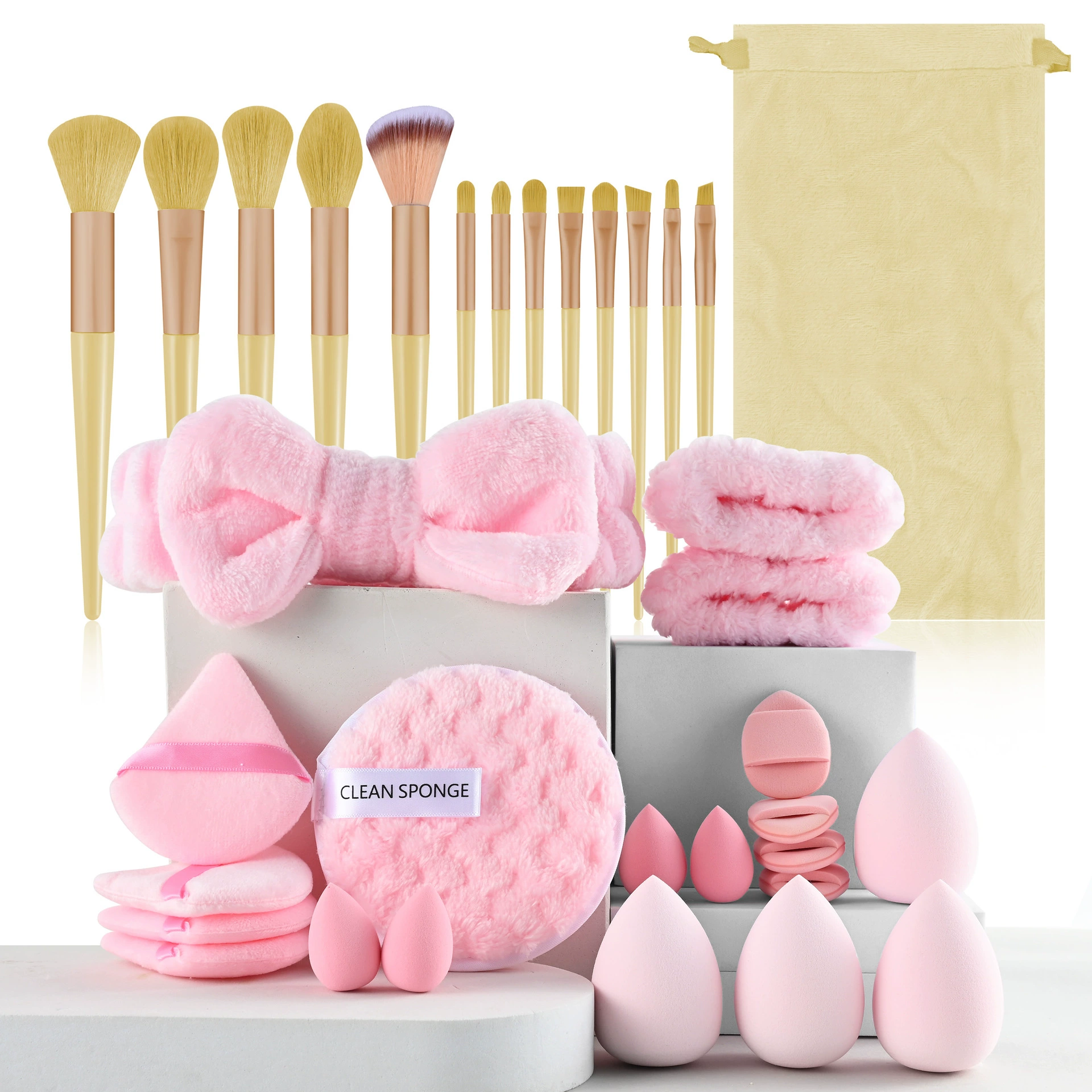 Набор для умывания и макияжа, комплект 24–69 шт., спонжи, кисти, повязка, мешочек для хранения