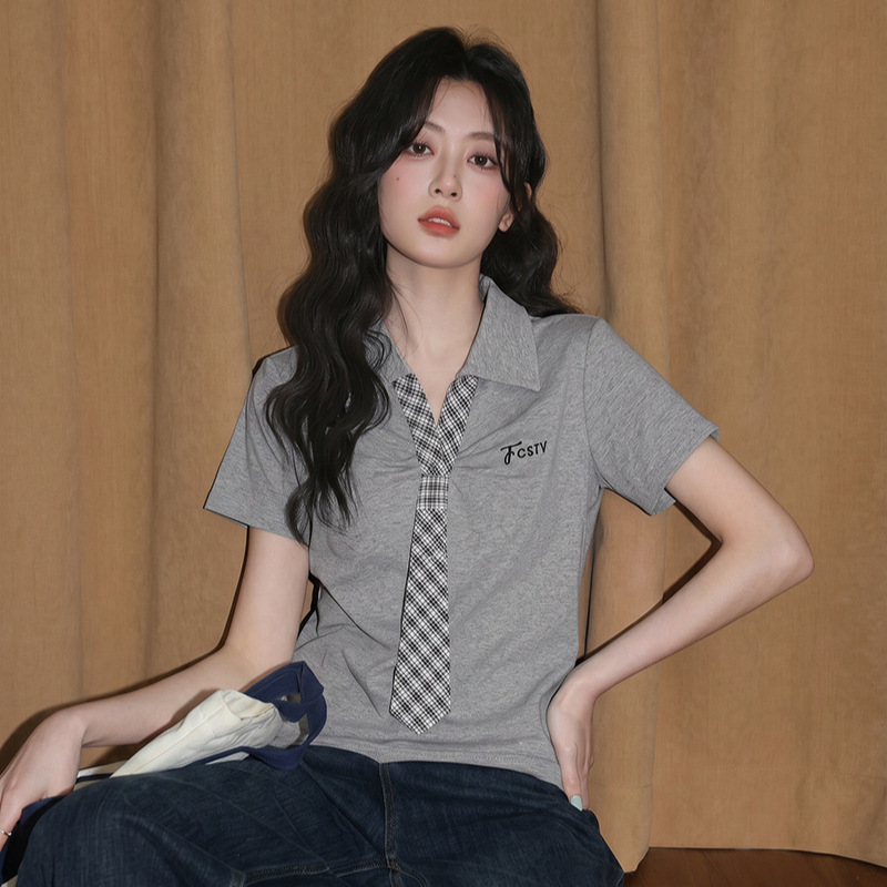 2026 Summer Pure Cotton Short-Sleeved T-Shirt for Women, Korean Design Tie, Polo Collar, Embroidered Women's New Style Top 2026 Summer Pure Cotton Short-Sleeved T-Shirt for Women, Korean Design Tie, Polo Collar, Embroidered Women's New Style Top