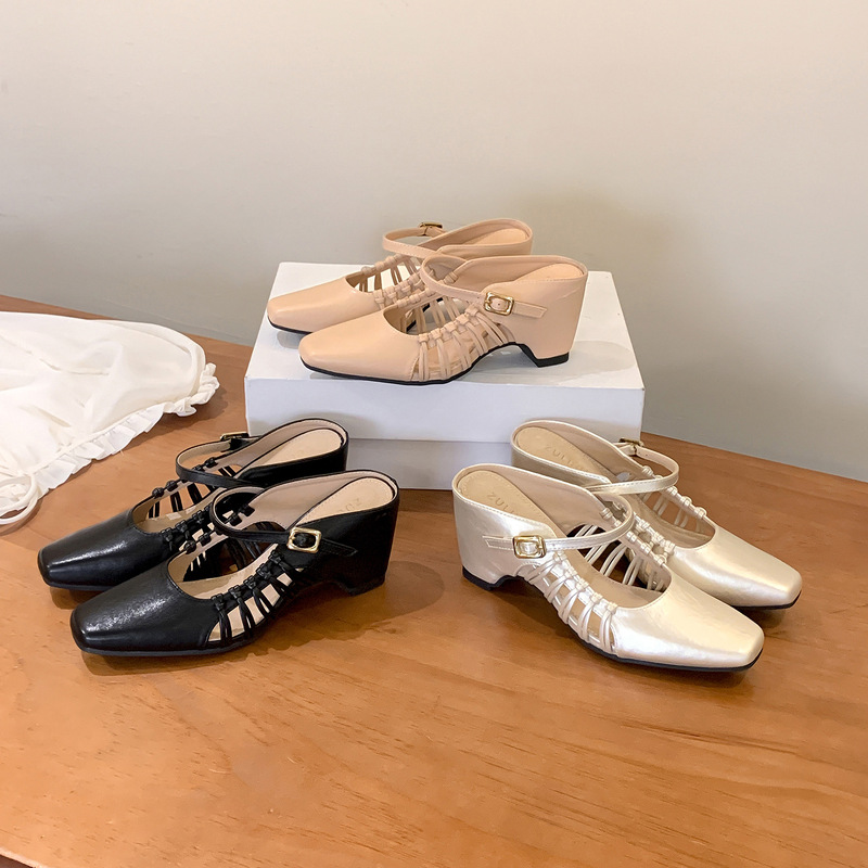 Square-Toe Slip-On Mules for Women, Summer Outdoor Wear, Backless, Soft Sole, Closed-Toe Half Slippers with 8cm Internal Height Increase