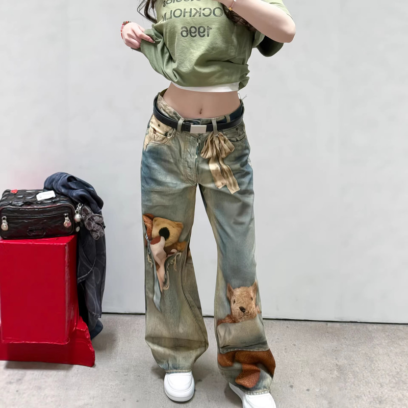 Nanyou High-End Women's Clothing 26 New Model Bear Illusion Print Straight Loose Street Style Wide-Leg Loose Jeans for Women Nanyou High-End Women's Clothing 26 New Model Bear Illusion Print Straight Loose Street Style Wide-Leg Loose Jeans for Women