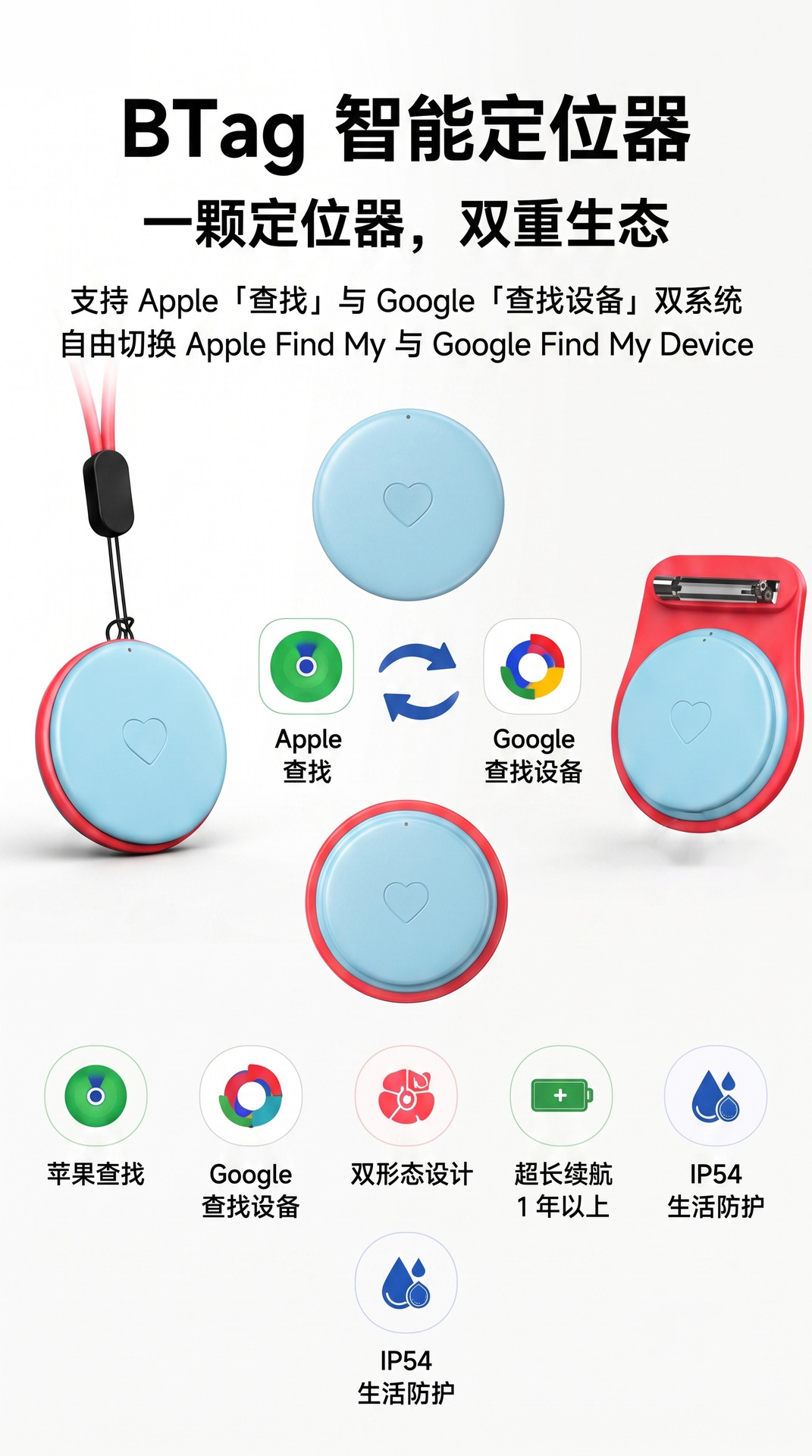 Dual System Locator, Compatible with Apple Find My and Google