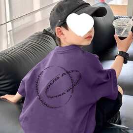 紫色纯棉男童短袖T恤2026新款夏季圆领字母印花童装宽松休闲上衣