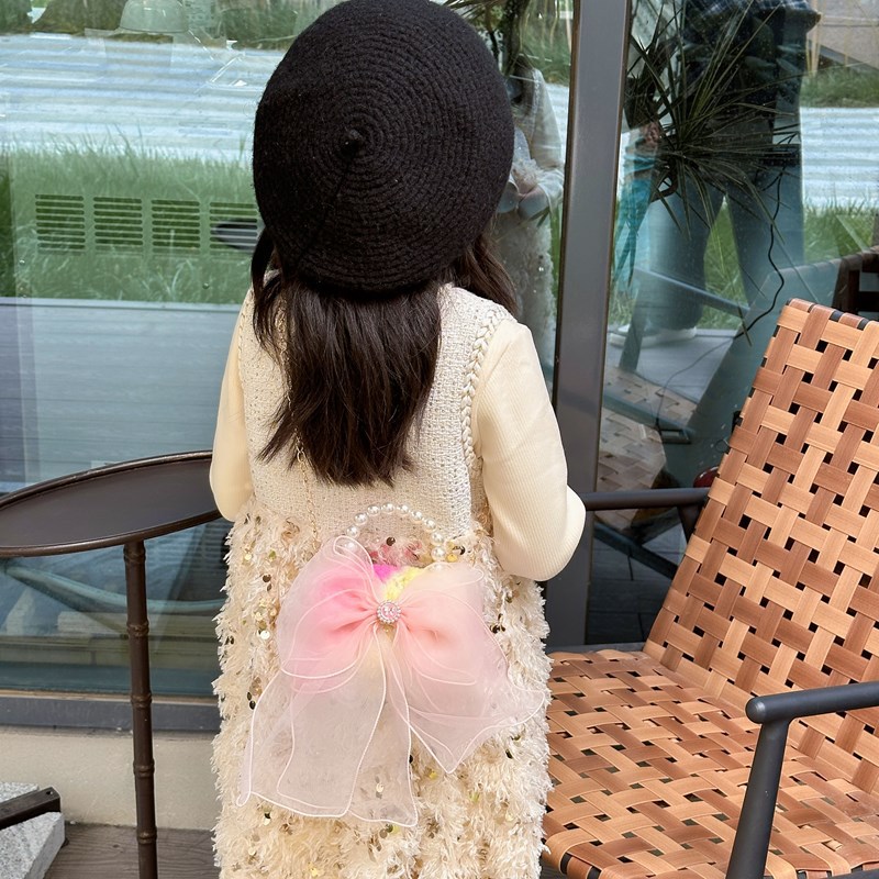 Bolsos de hombro de chicas de arco encantador, dulces bolsos de perlas de princesa, nuevos bolsos de mini cadena para niños
