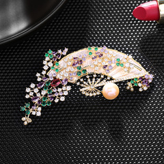 Elegant retro Chinese fan corsage coat cheongsam accessories set with zircon freshwater pearl fan brooch