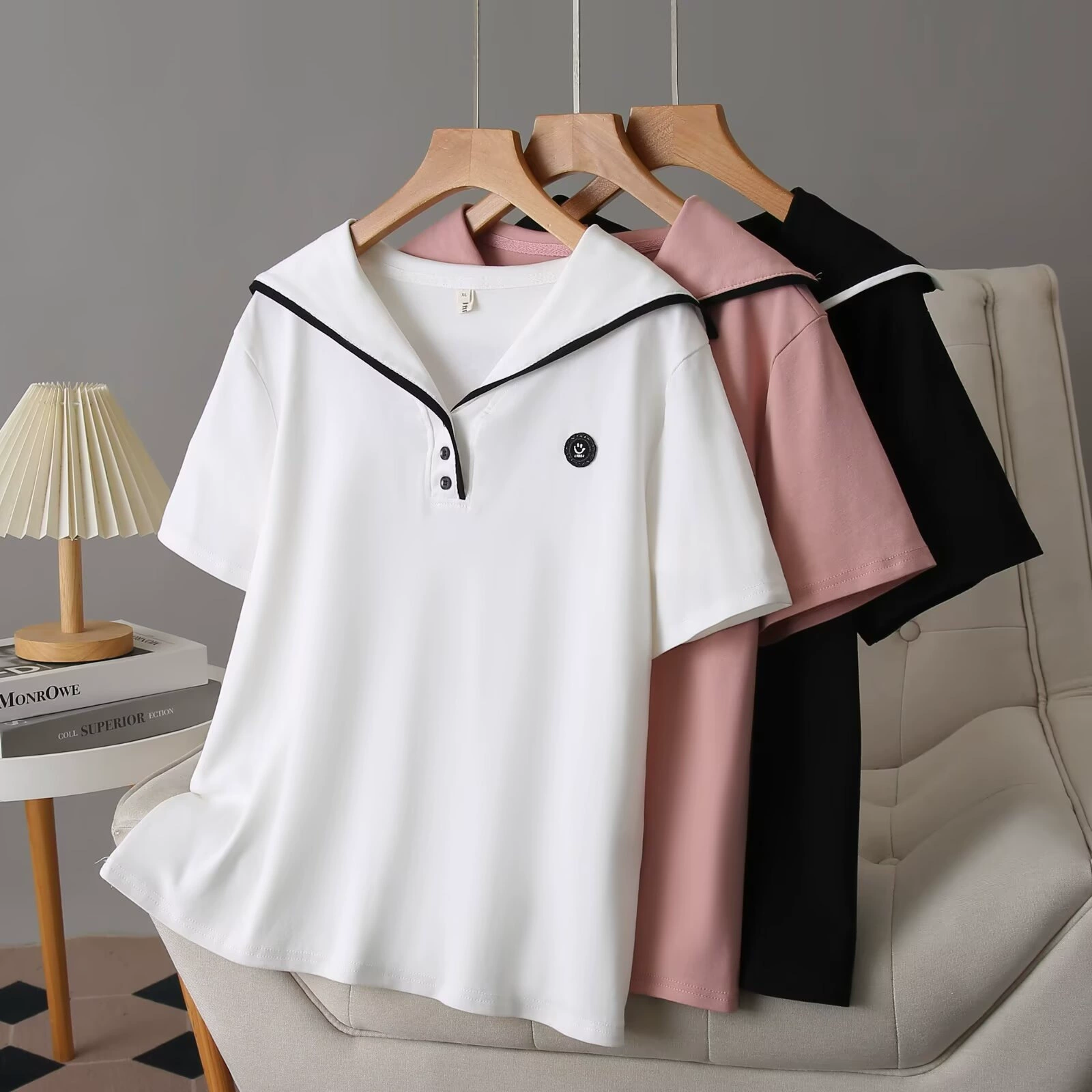 2025 Летний военно-морской воротник футболка с короткими рукавами большого размера женский темперамент толстая сестра сращивание цвета, тонкая модная топ 867