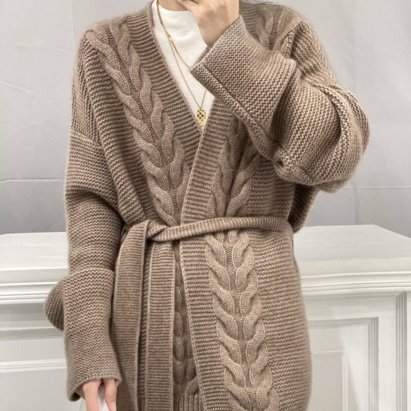 100 pure Australian wool belt mid-length heavy thick cashmere V-neck cardigan loose twist wool knitted cardigan