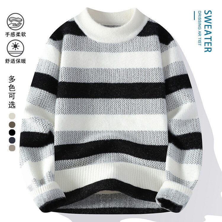 Tendencia masculina de invierno nuevo cuello redondo engrosado jacquard rayas de manga larga suéter de moda masculino camiseta de punto cálida